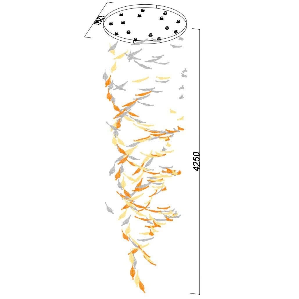Đèn thông tầng dimmer lá lông vũ cao cấp PL045 gồm 175 lá lông vũ chia 3 màu, 15 đèn COB dimmer 3 màu có điều khiển xa, KT(mm): D1200xH4250
